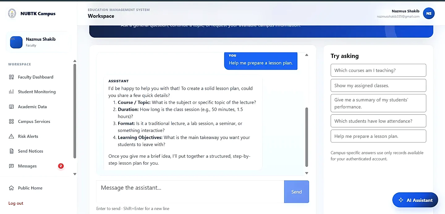 AI Assistant Interactive Workspace for lesson planning and queries