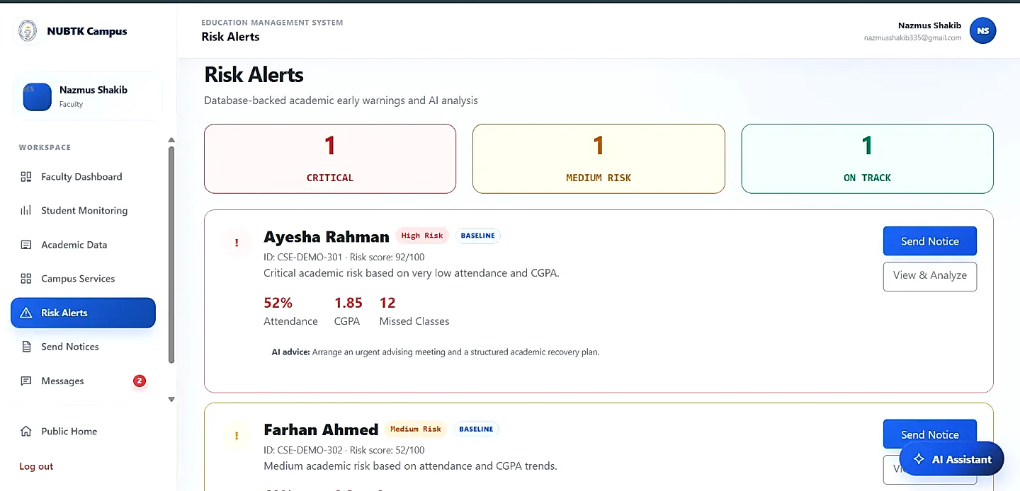 Database-backed academic early warnings and AI risk analysis interface