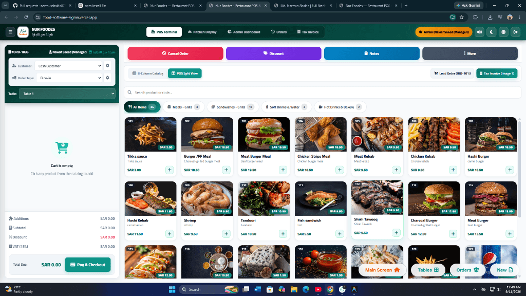 Nur Foodes Restaurant POS Terminal Interface