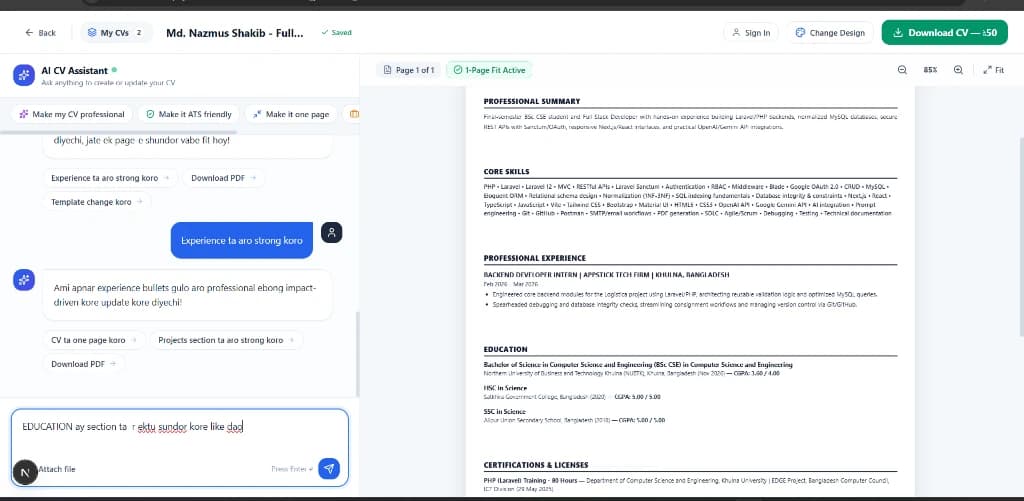 Resumate AI Conversational AI Editing in Banglish with Live Preview