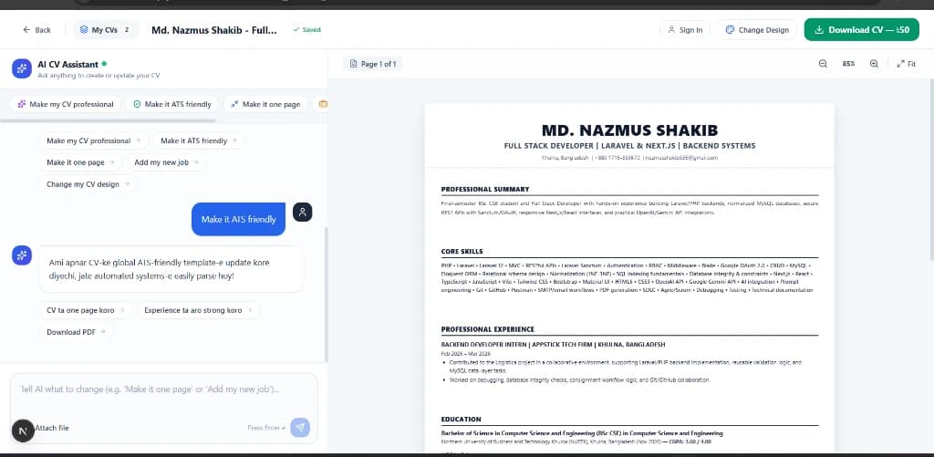 Resumate AI Global ATS Single-Column Layout and Polished Resume Output