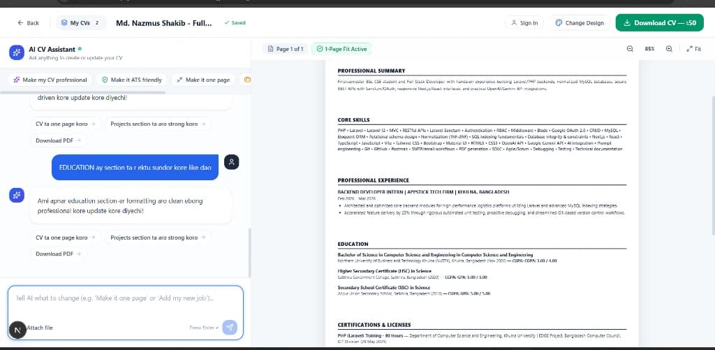 Resumate AI 1-Page Fit Active and Polished A4 Resume Output