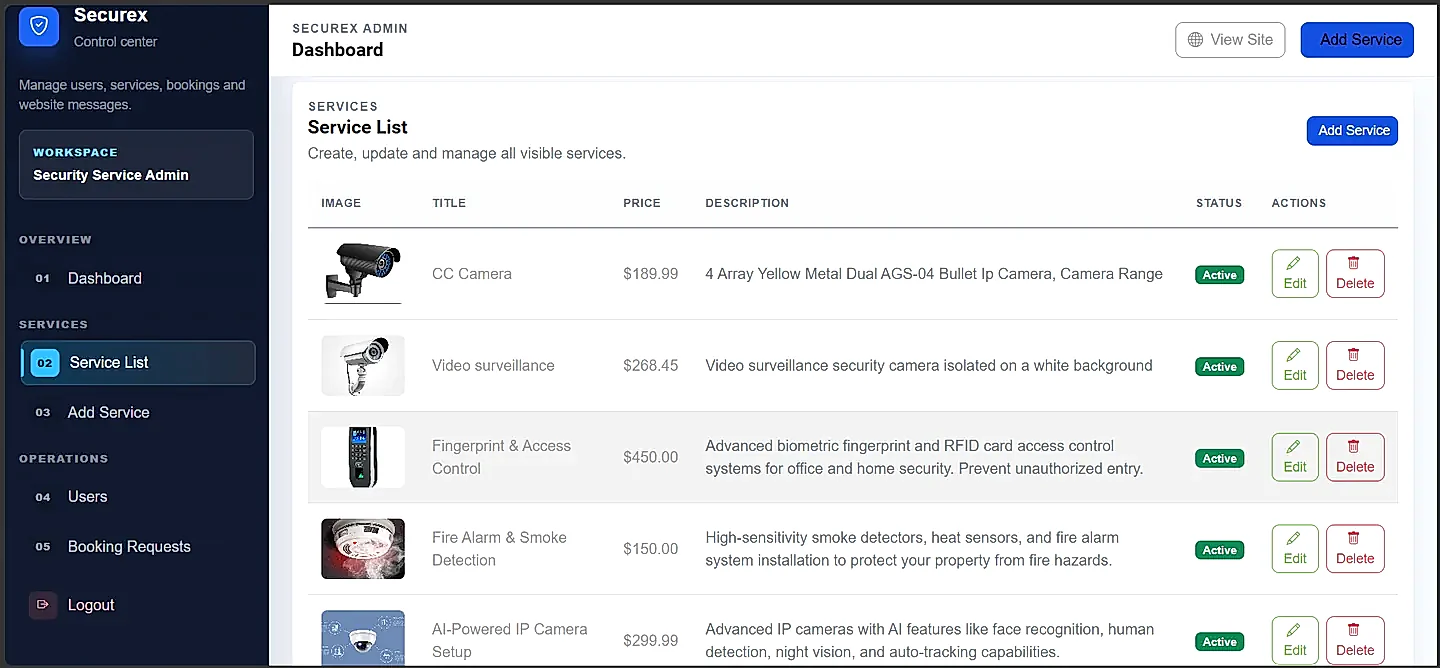 Securex Service Management Workflow and Admin Operations Interface