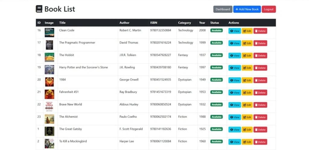 Library Management System Admin Book List and Inventory Management CRUD Table