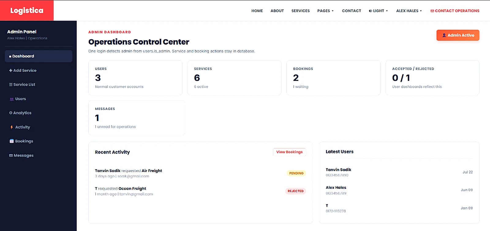 Logistica Operations Control Center and Admin Dashboard Interface